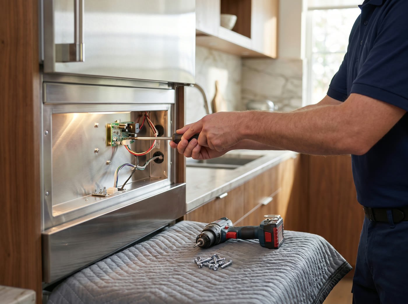 An Onyx technician repairing a built-in appliance at the board level