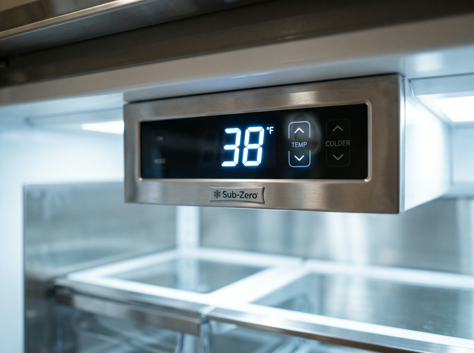 A Sub-Zero control panel holding 38 degrees