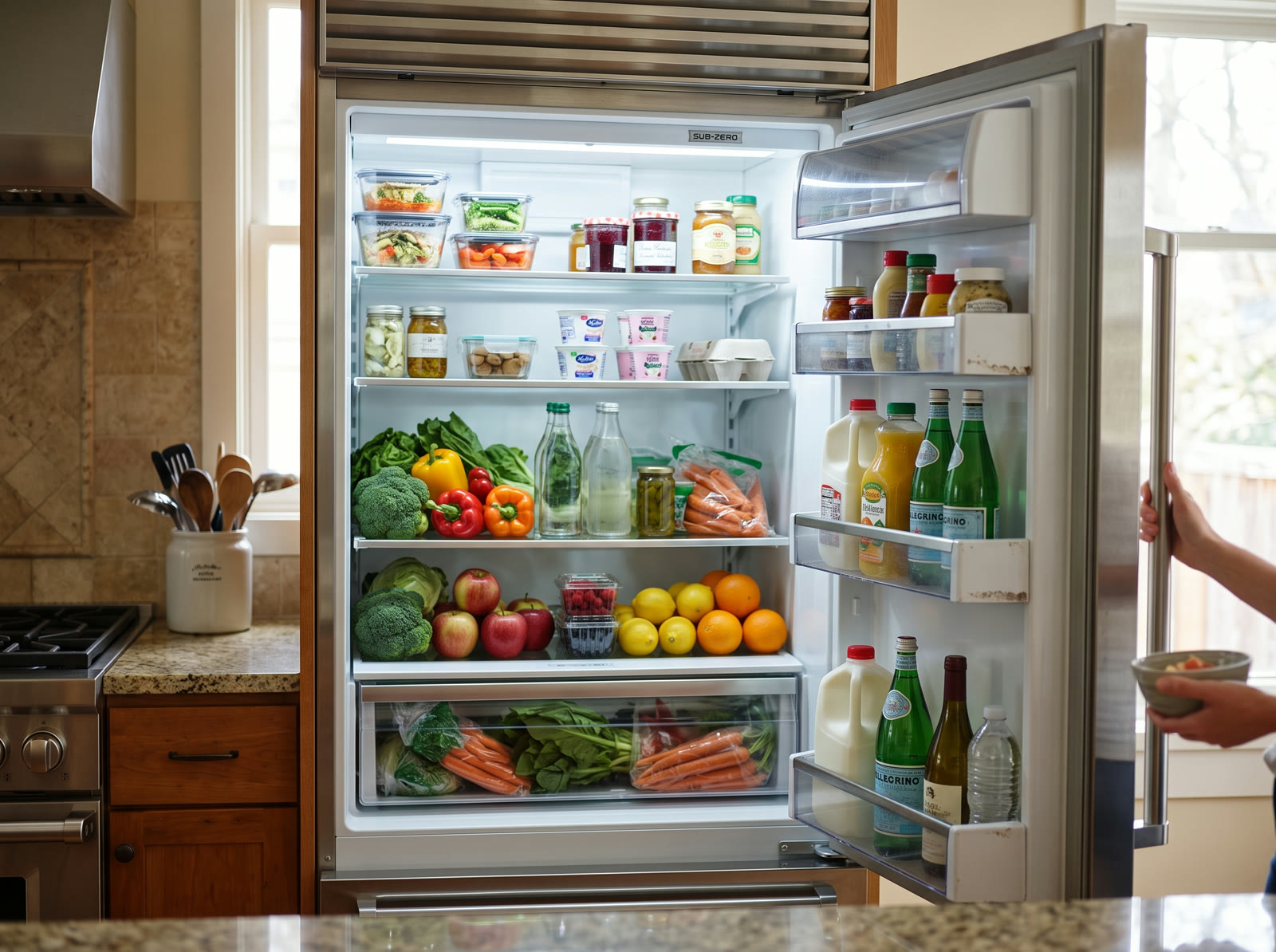An open Sub-Zero refrigerator stocked with fresh produce