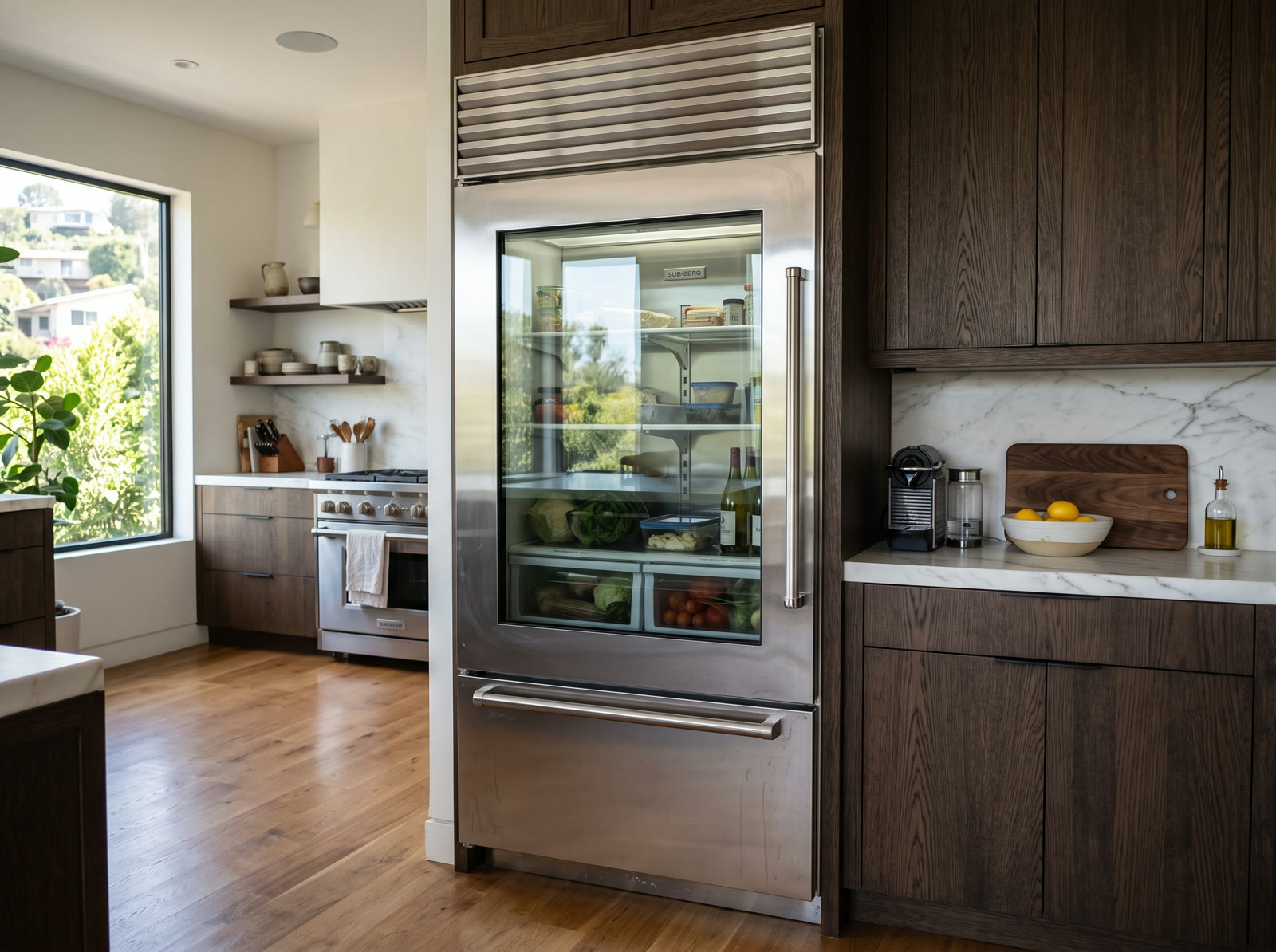 A glass door Sub-Zero refrigerator in a dark wood Los Angeles kitchen