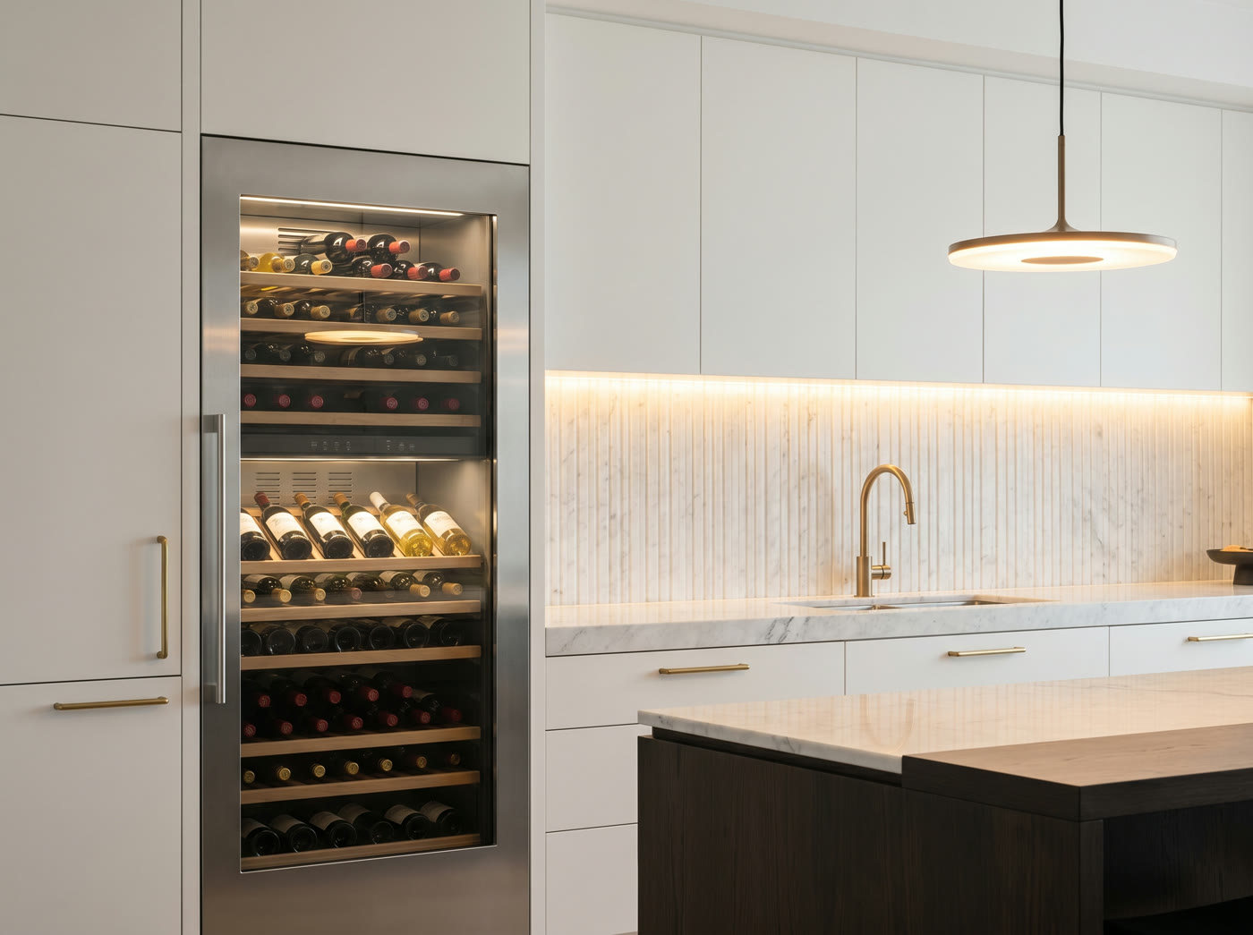 A Sub-Zero wine storage unit in a luxury kitchen